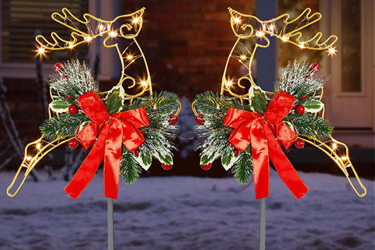 2Pcs 30LED Outdoor Christmas Reindeer Lights Garden Stake Lights Lawn Yard Metal Decorations Battery Powered Xmas Warm Light