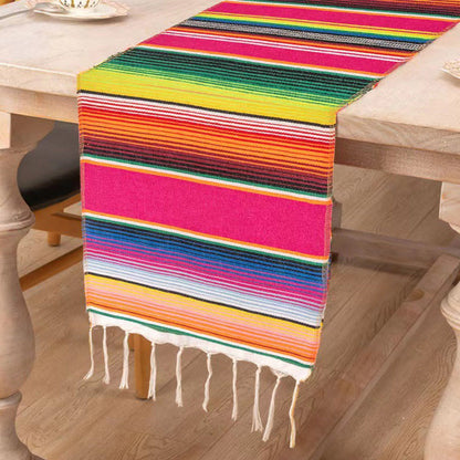 Mexican Serape Table Runner with Tassels for Party Wedding Outdoor Picnic Decor Rose Red