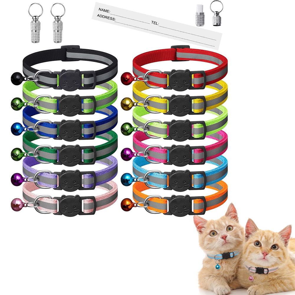 12 Pcs Reflective Cat Collar Kitten Safety Collar with Bell and ID Tags