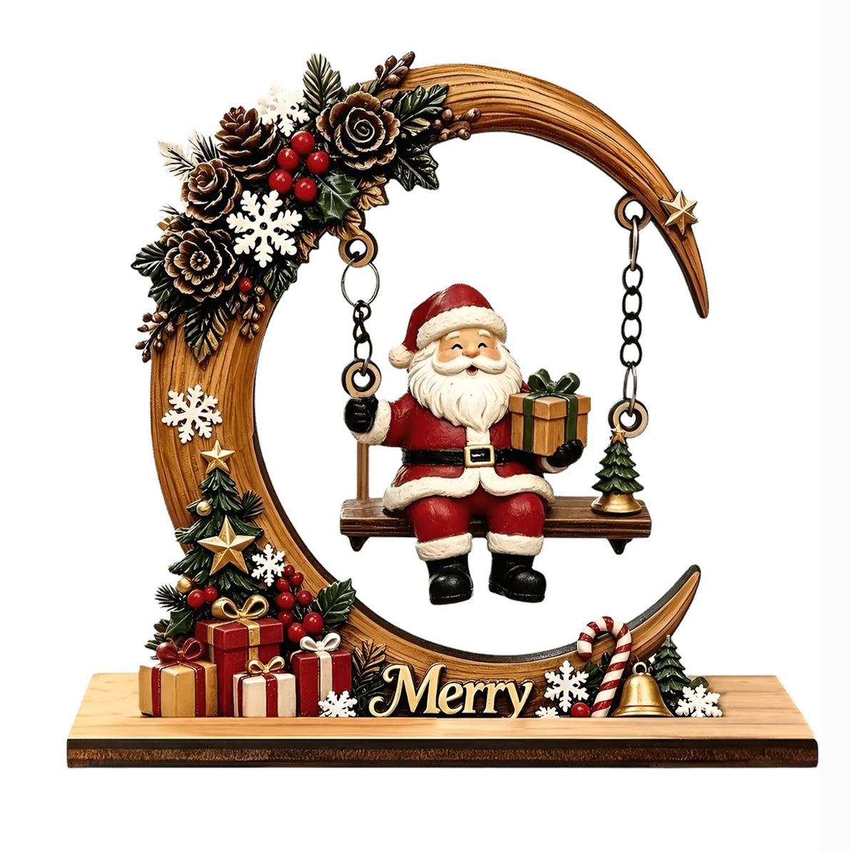 Engineered Wood Crescent Santa Swing Christmas Table Ornament