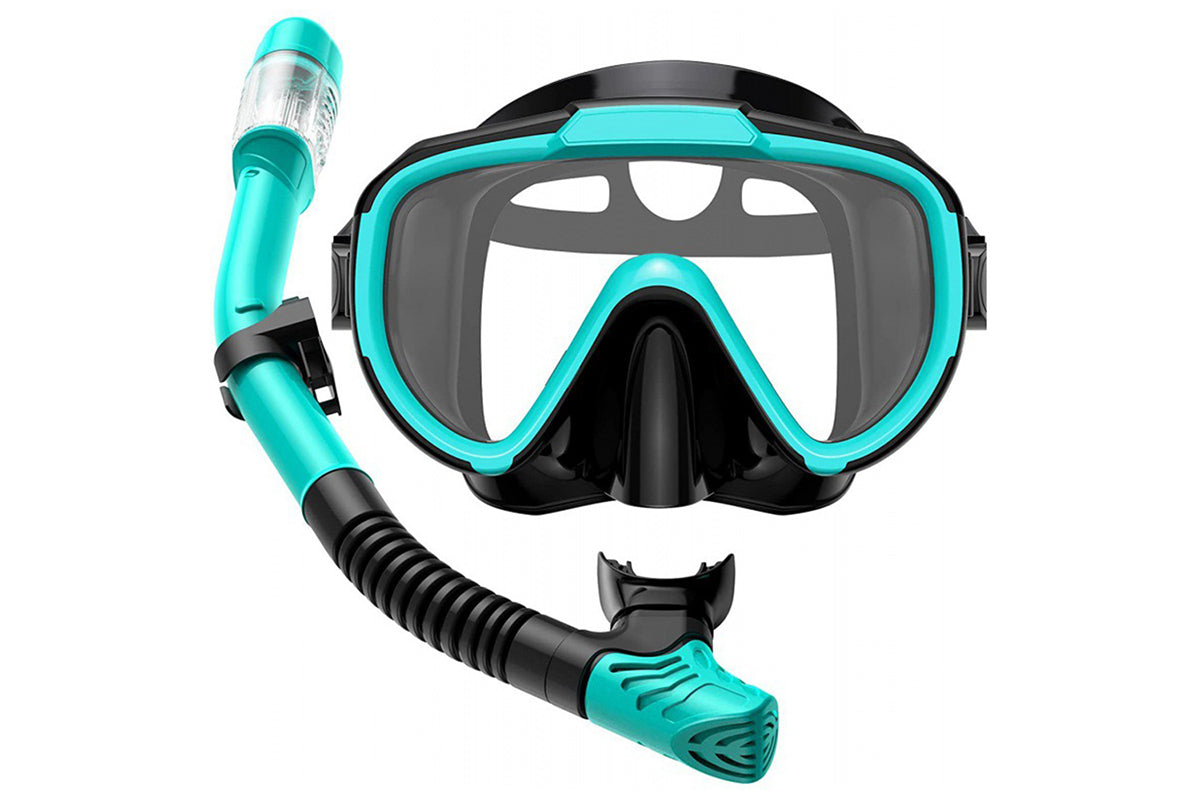Diving Mask Anti-Fog Panoramic View Snorkel Dry Top Snorkeling Gear For Adults-Black With Green