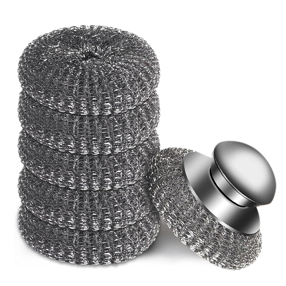 Scourer with Handle Stainless Steel Kitchen Scrubber Metal Scourers with 5 Replacement Heads