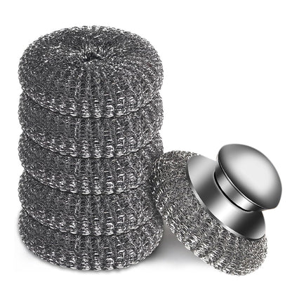 Scourer with Handle Stainless Steel Kitchen Scrubber Metal Scourers with 5 Replacement Heads