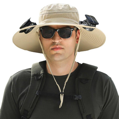 Wide Brim Sun Hat with 2 Solar Fan Sun Bucket Hat for Fishing Camping Hiking Khaki