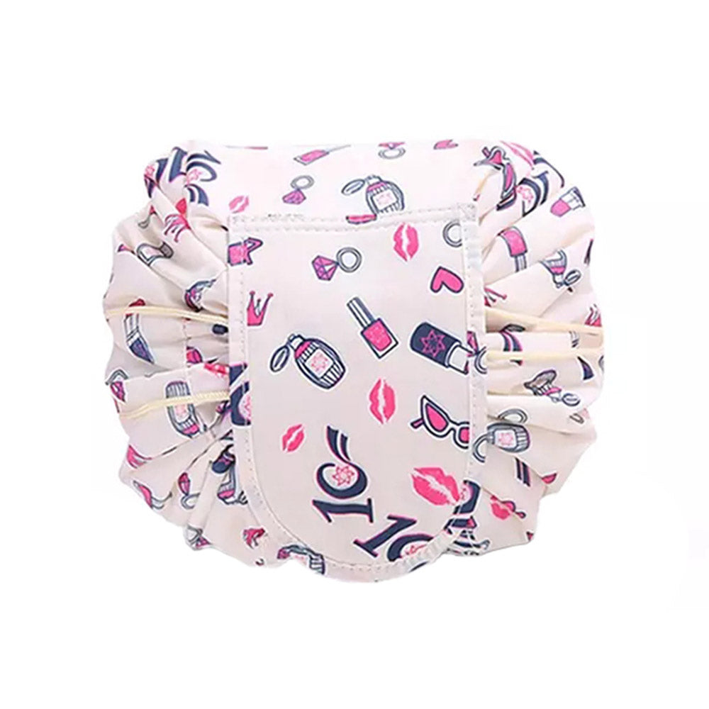 Printed Cosmetic Storage Bag Drawstring Make-Up Travel Bag Makeup Tools Organizer Folding Cosmetic Bag -Beige