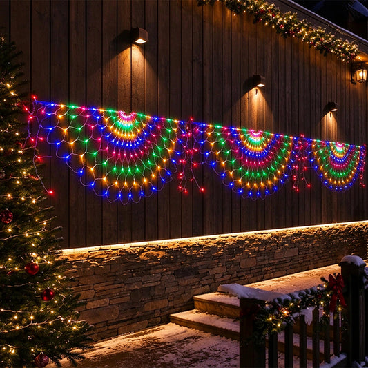 3 Panel Waterfall Curtain Lights Solar Peacock Net String Lights - Multicolor