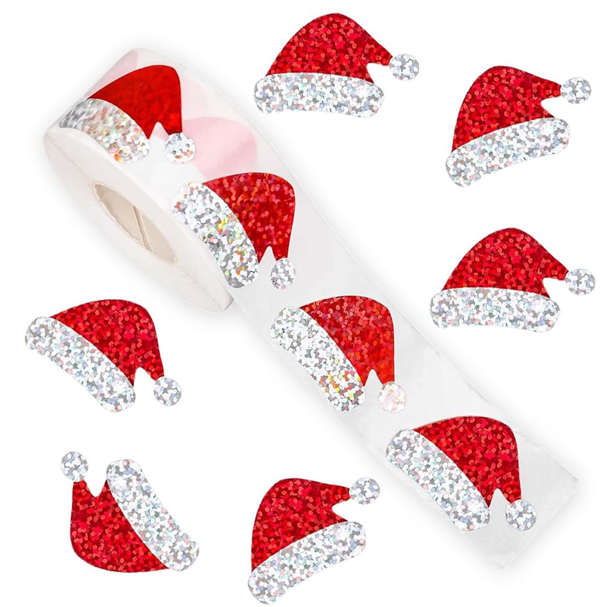2 Rolls of 500 Christmas Holographic Stickers 3cm Diameter - Christmas Hat