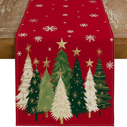 Christmas Table Runner with Xmas Trees Festive Tablecloth Cover for Kitchen Dinner Party Red