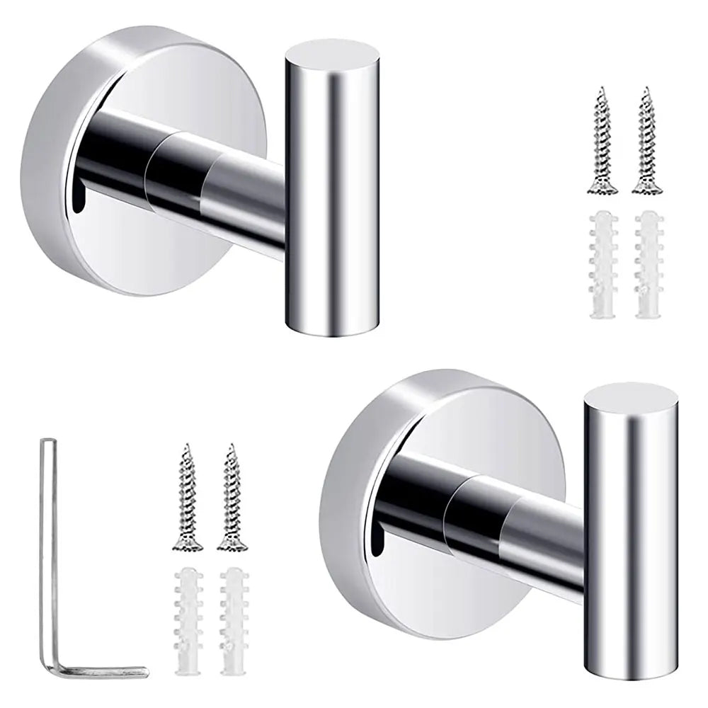 2Pcs Set Bathroom Towel Hook Wall Mounted Robes Holder Stainless Steel Clothing Hanger Silver