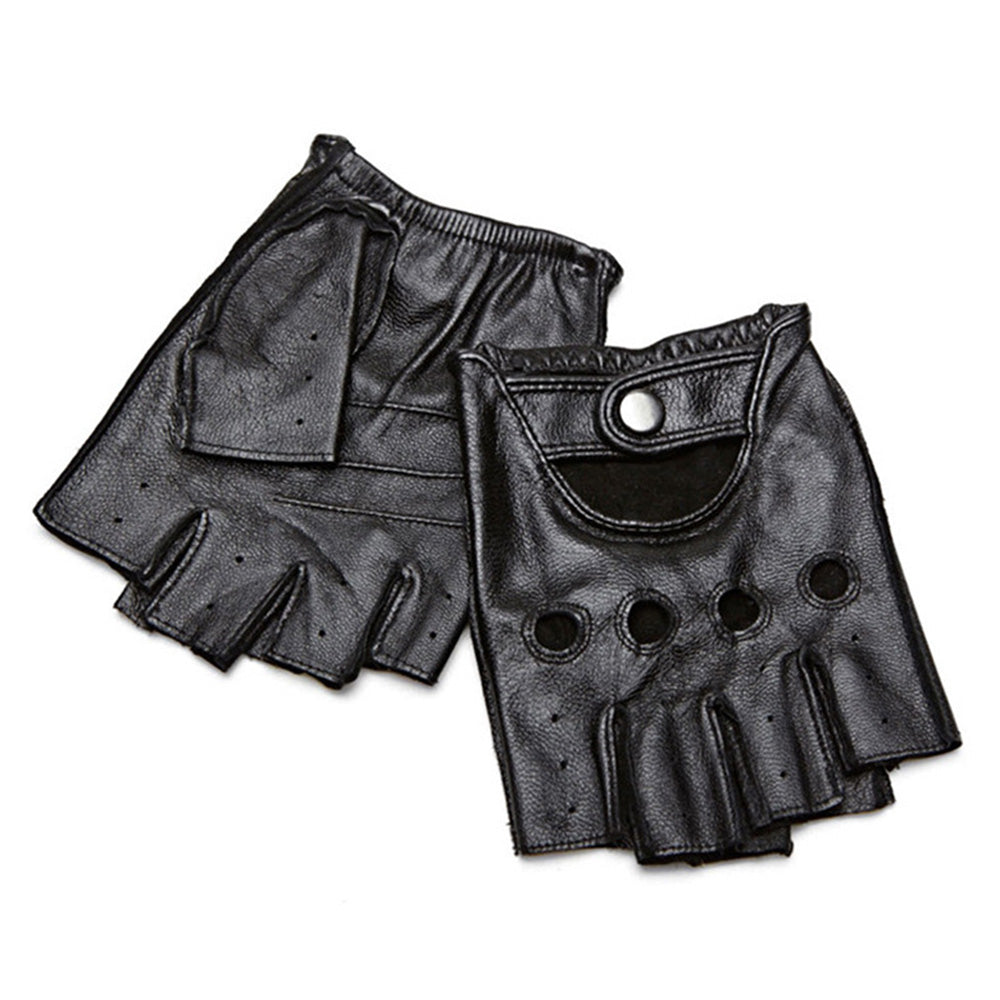 Mens Fingerless Leather Driving Gloves for Motorcycle Riding - Black