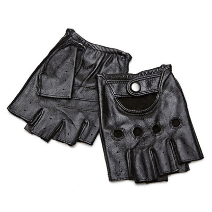Mens Fingerless Leather Driving Gloves for Motorcycle Riding - Black