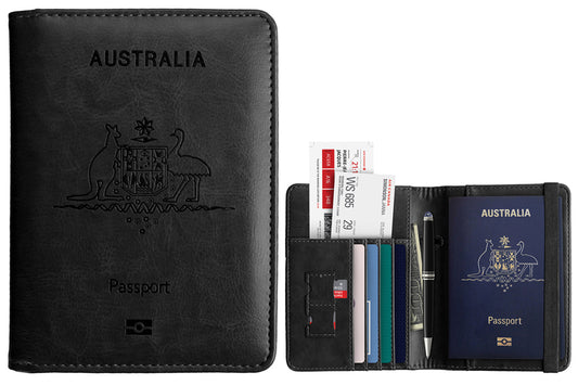 RFID Blocking Passport Wallet Water Resistant Travel Document Organizer -Black