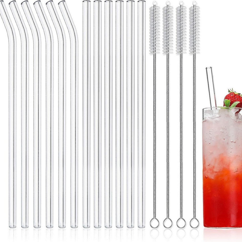 16Pcs Glass Straws Reusable Clear Glass Drinking Straws Set for Smoothies Juice