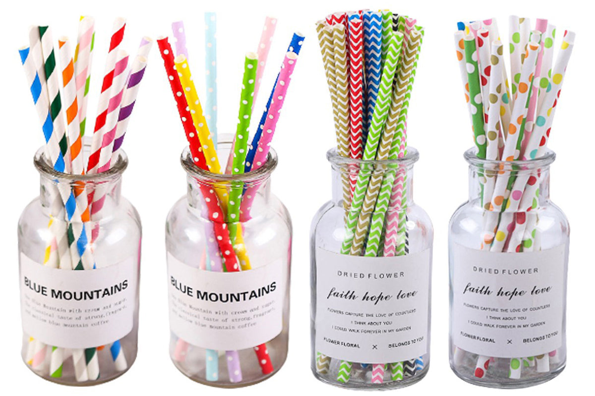 200Pcs Colourful Paper Drinking Straws Biodegradable Disposable Straws Assorted Pattern