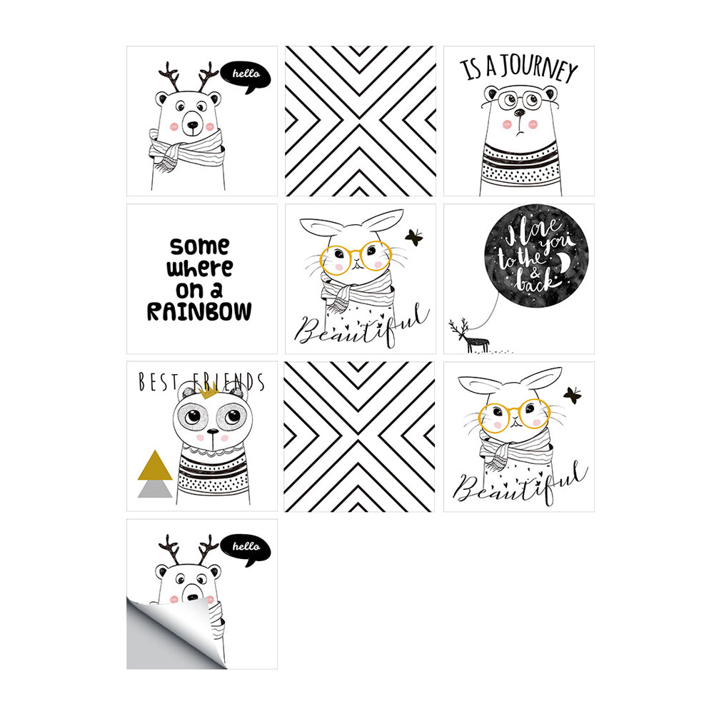 10Pcs Cartoon Animals Words Wall Stickers Water Resistant Wallpaper Removable Decal for Kitchen Bathroom -White