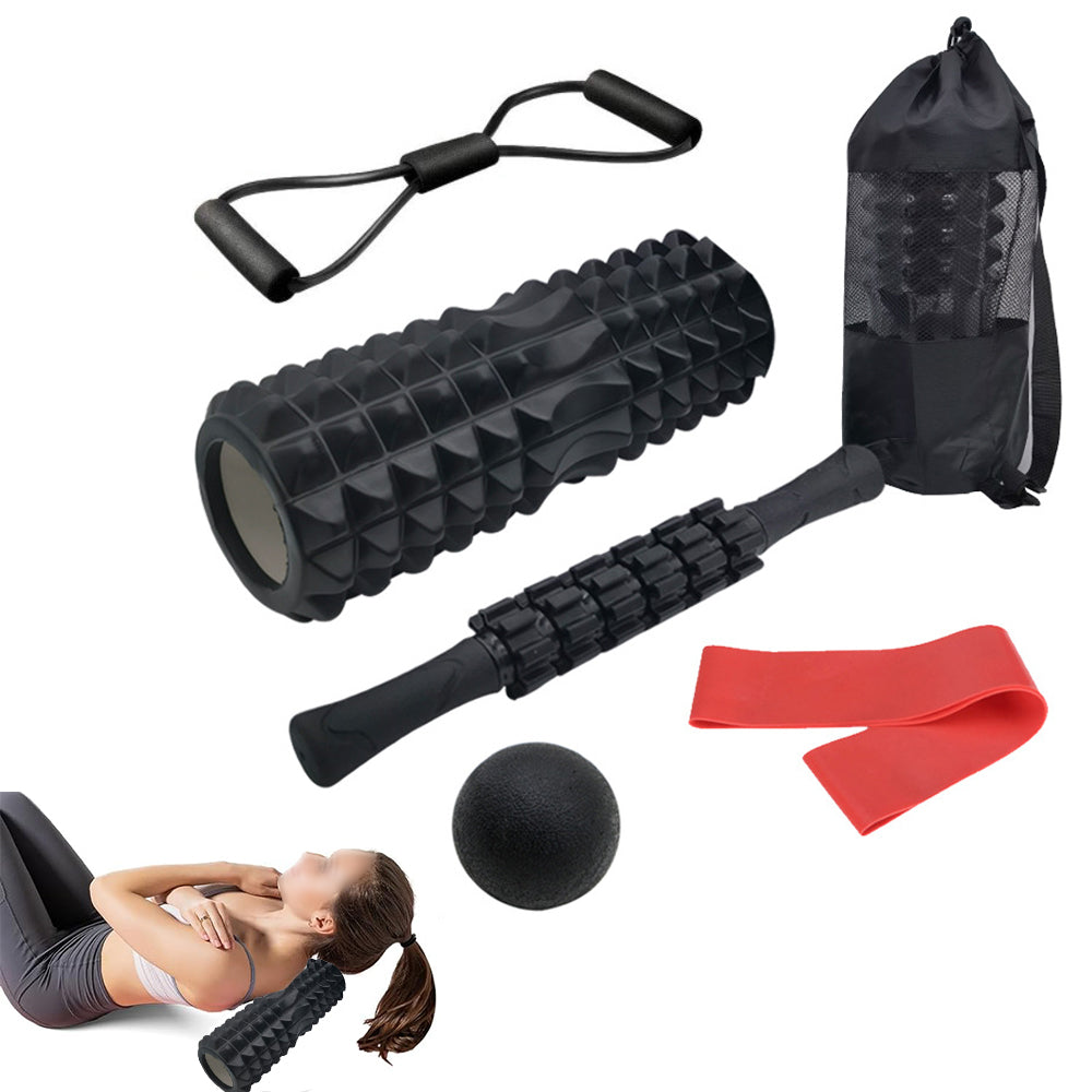 6Pcs Foam Roller Set with Massage Stick and Resistance Band-Black