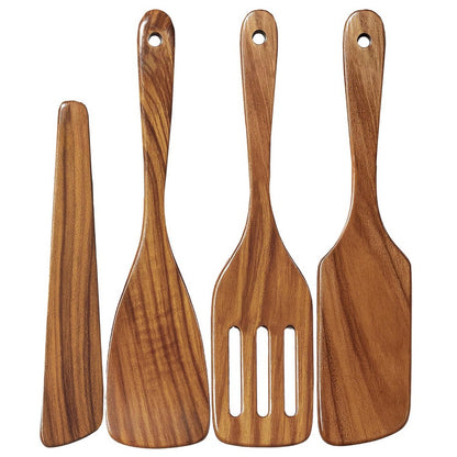 4Pcs Wooden Cooking Utensil with Paddle, Turner Slotted Spurtle and Wood Scraper