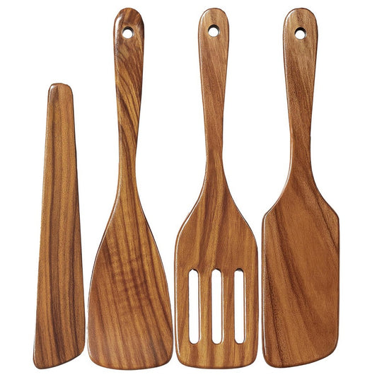 4Pcs Wooden Cooking Utensil with Paddle, Turner Slotted Spurtle and Wood Scraper
