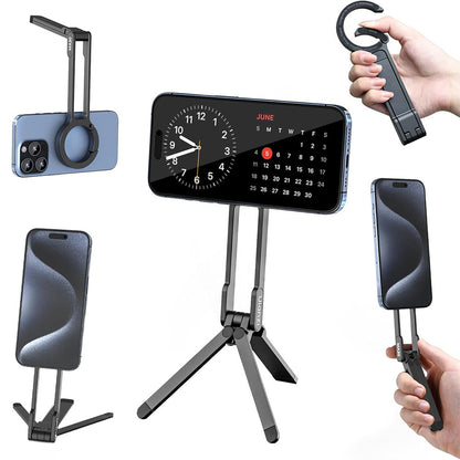 MagSafe Compatible Magnetized Phone Stand ¨C Spring Clip with Foldable Mini Tripod