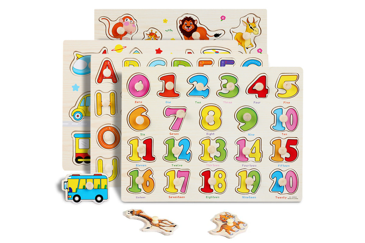 4 Sets Wooden Peg Puzzle for Girls Boys with Alphabet Animal Dinosaur Vehicle