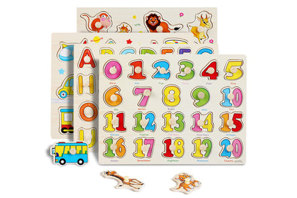 4 Sets Wooden Peg Puzzle for Girls Boys with Alphabet Animal Dinosaur Vehicle
