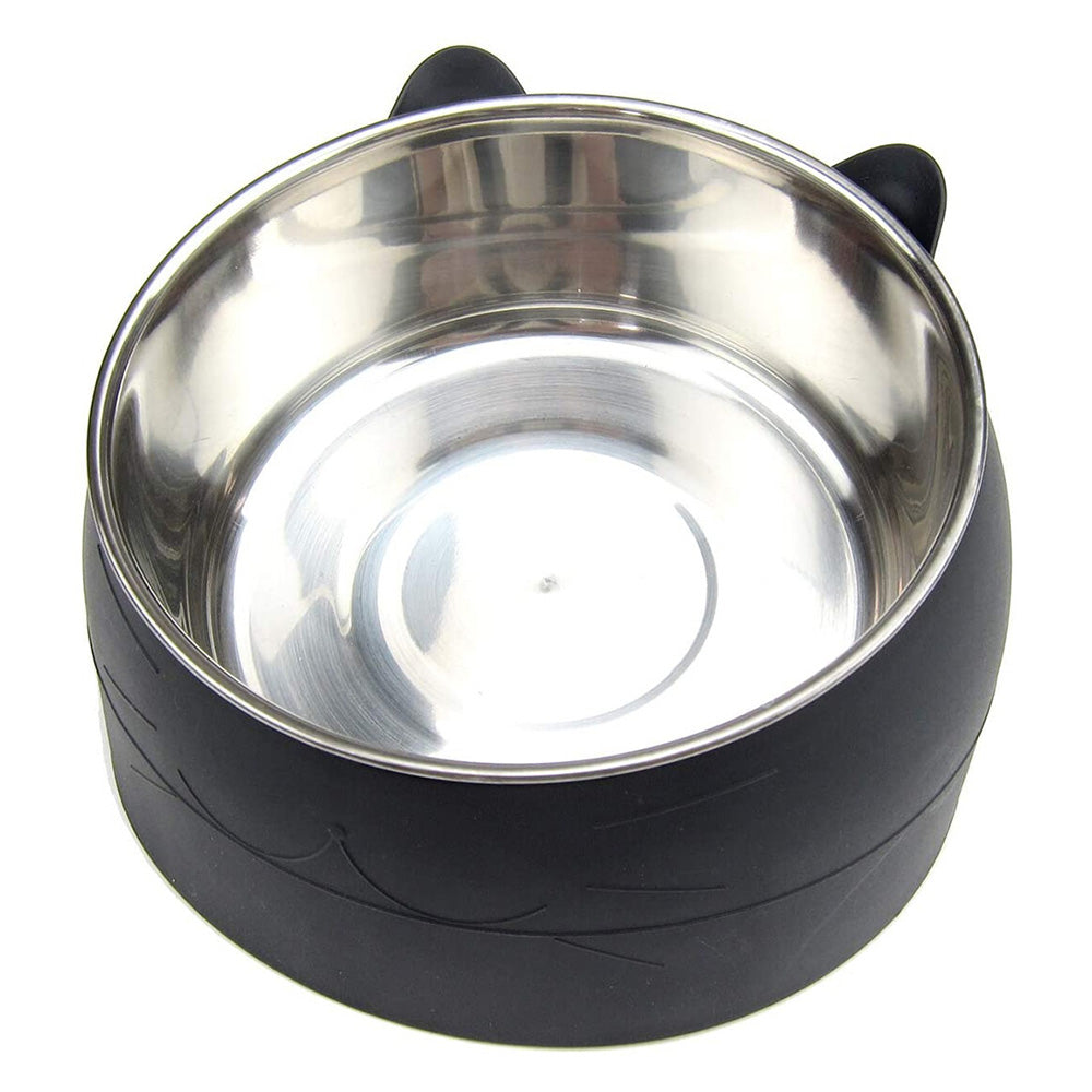 400ml Stainless Steel Tilted Pet Bowl Non-Slip Raised Feeder for Cats and Dogs-Black