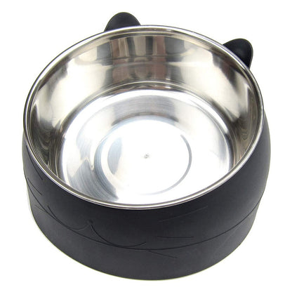 400ml Stainless Steel Tilted Pet Bowl Non-Slip Raised Feeder for Cats and Dogs-Black