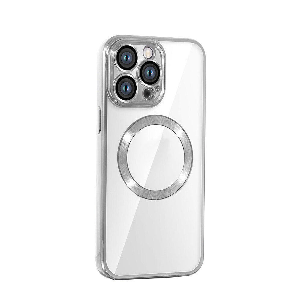 For iPhone 15 Series Magnetic Phone Cover Shockproof Plating Case Cover Silver