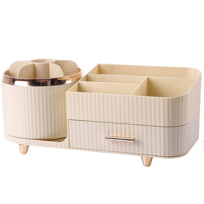 Rotating Makeup Organizer for Vanity with Brush Holder and Drawer Spinning Cosmetic Storage Case Beige