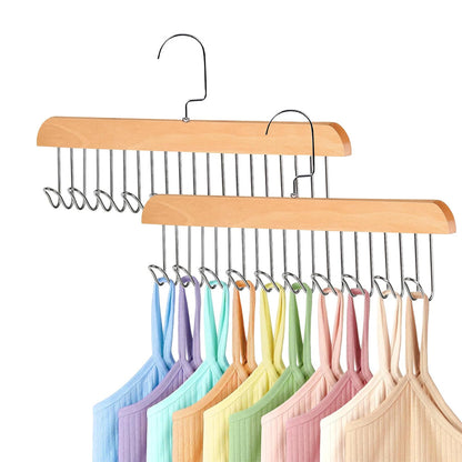 Set of 2Pcs Multi-Hook Bra Hanger Scarf Belt Organizer Space Saving Hangers Wood Color