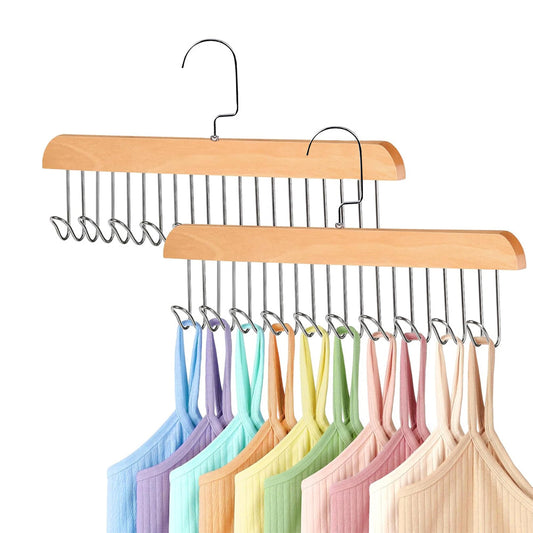 Set of 2Pcs Multi-Hook Bra Hanger Scarf Belt Organizer Space Saving Hangers Wood Color
