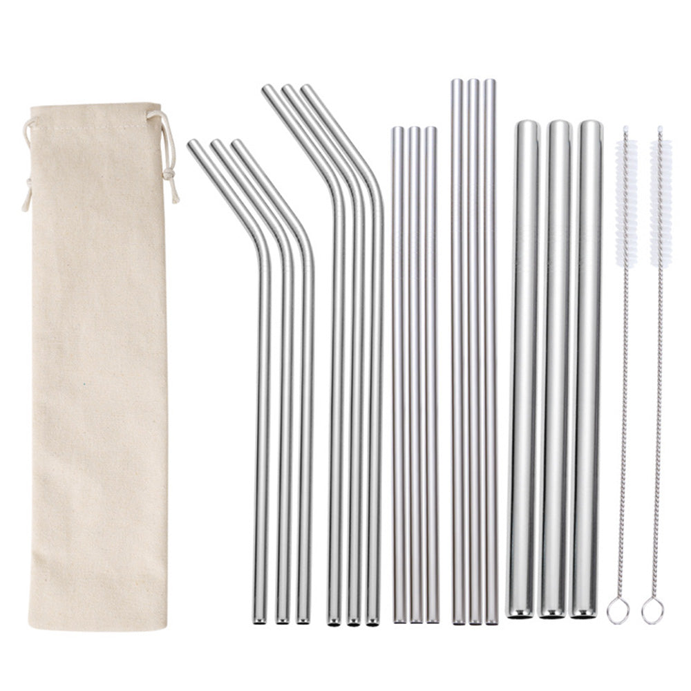 17Pcs Reusable Stainless Steel Straws Set with Cleaning Brushes and Pouch-Silver