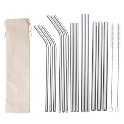 17Pcs Reusable Stainless Steel Straws Set with Cleaning Brushes and Pouch-Silver