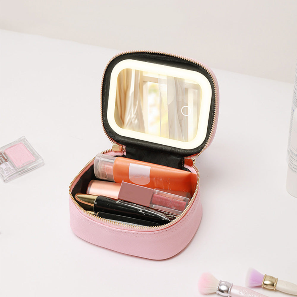 Small Makeup Bag Travel Case with Mirror and Adjustable Light Stylish for Travel Pink