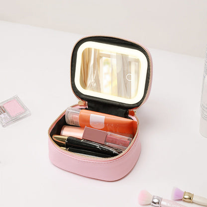 Small Makeup Bag Travel Case with Mirror and Adjustable Light Stylish for Travel Pink