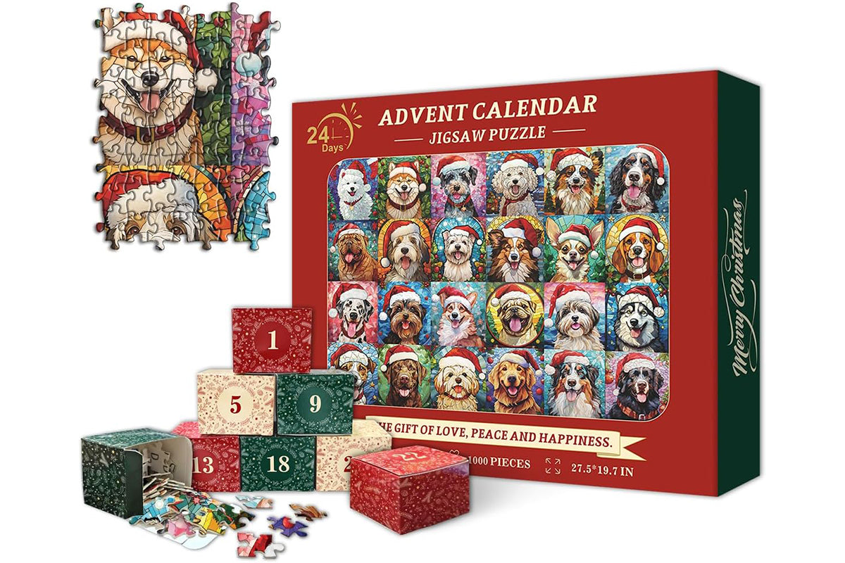 Christmas Advent Calendar 2024 Puzzles for Adults 1000 Pieces Dog Mosaic Stained Glass Puzzle Countdown Calendar
