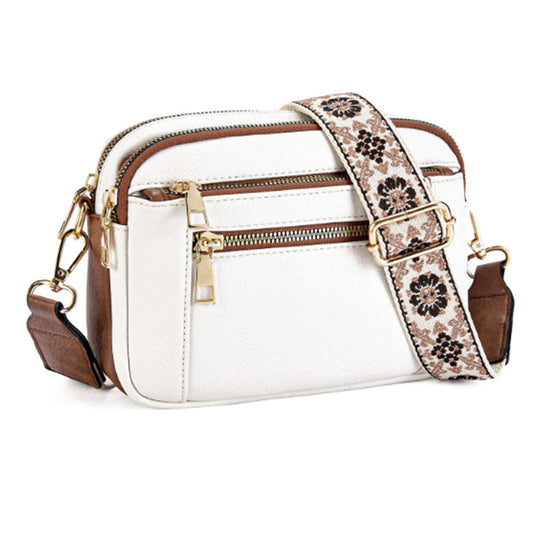 Color-Block Small Crossbody Bags for Women PU Leather Shoulder Handbag Purse with Adjustable Wide Strap White