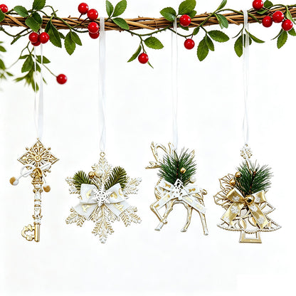4 Piece Gold Christmas Snowflake Deer Tree and Key Hanging Ornament Set