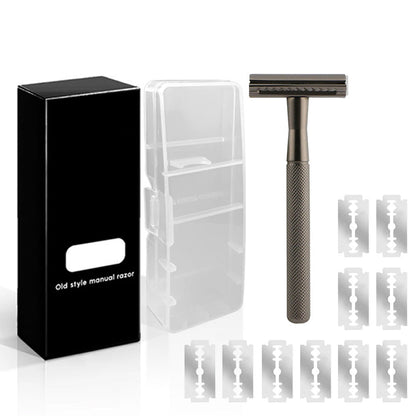 Matte Double Edge Safety Razor Manual with 10 Blades for Men Shaving Black