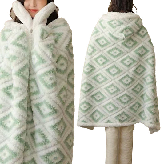 Winter Warm Blanket Jacquard Thickened Multi-Functional Blanket with Hood and Gloves Green