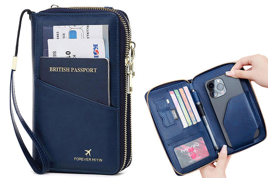 RFID Blocking Passport Wallet PU Document Organizer with Wristlet for Women -Blue