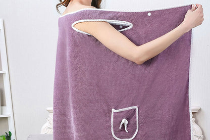 Coral Fleece Bath Towel Wearable Wrap Absorb Bathrobe With Pocket-Purple