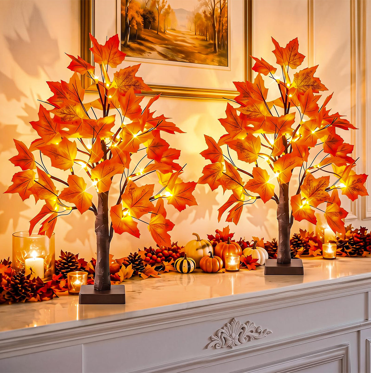 2 Piece 24 LED Lighted Artificial Maple Tree Thanksgiving Table Decor