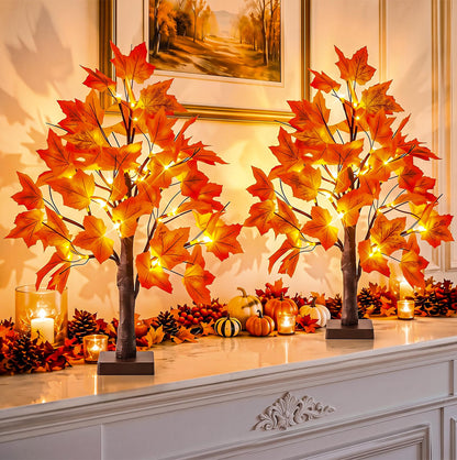 2 Piece 24 LED Lighted Artificial Maple Tree Thanksgiving Table Decor