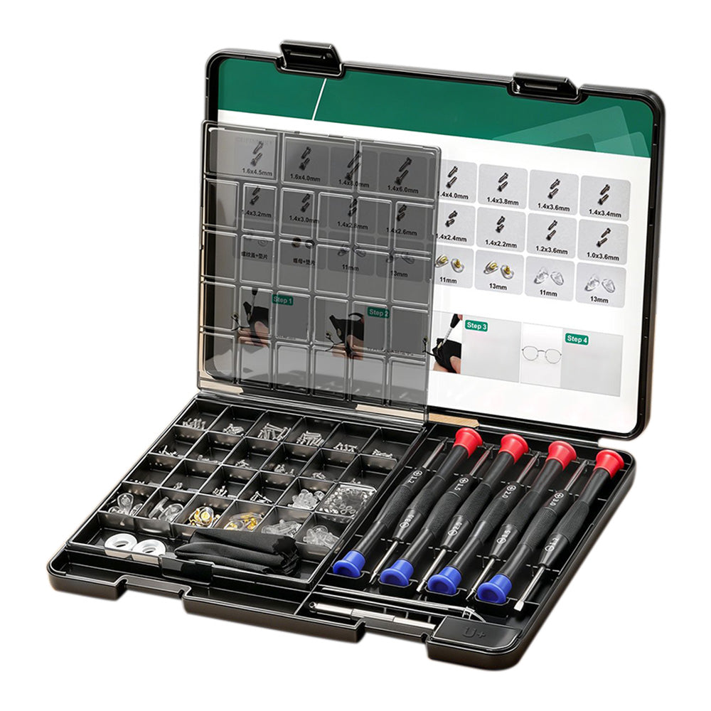 Multi Piece Eyeglass Repair Kit with Screws Nose Pads and Tools