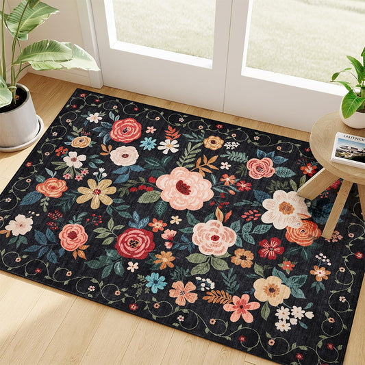 Vintage Floral Washable Door Mat Non Slip Entryway Rug for Entryway -Black