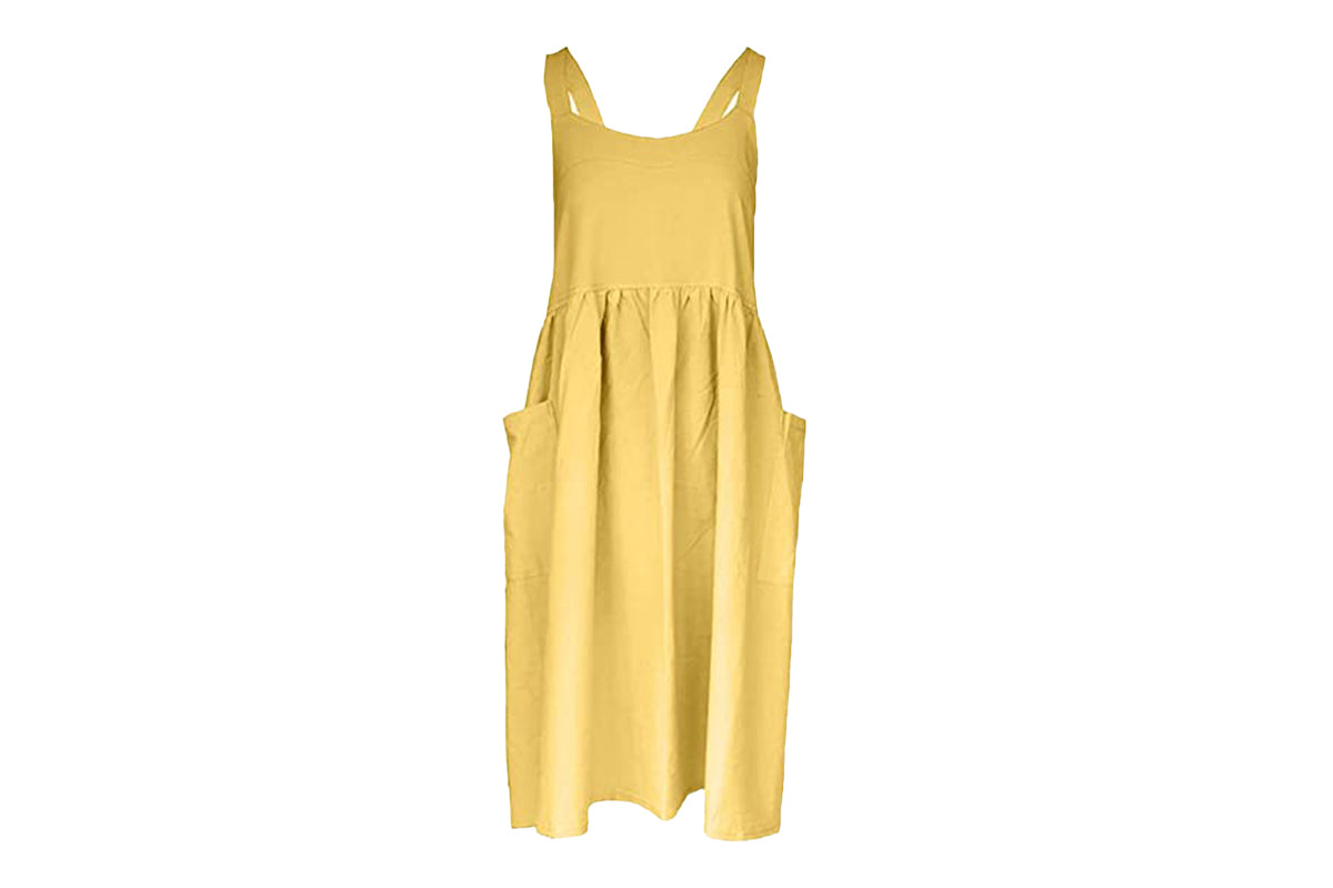 Cotton Linen Aprons Cross Back Apron with Pockets for Women with Pockets Pinafore Dress for Baking Cooking-Yellow