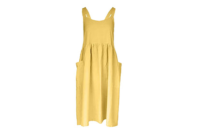 Cotton Linen Aprons Cross Back Apron with Pockets for Women with Pockets Pinafore Dress for Baking Cooking-Yellow