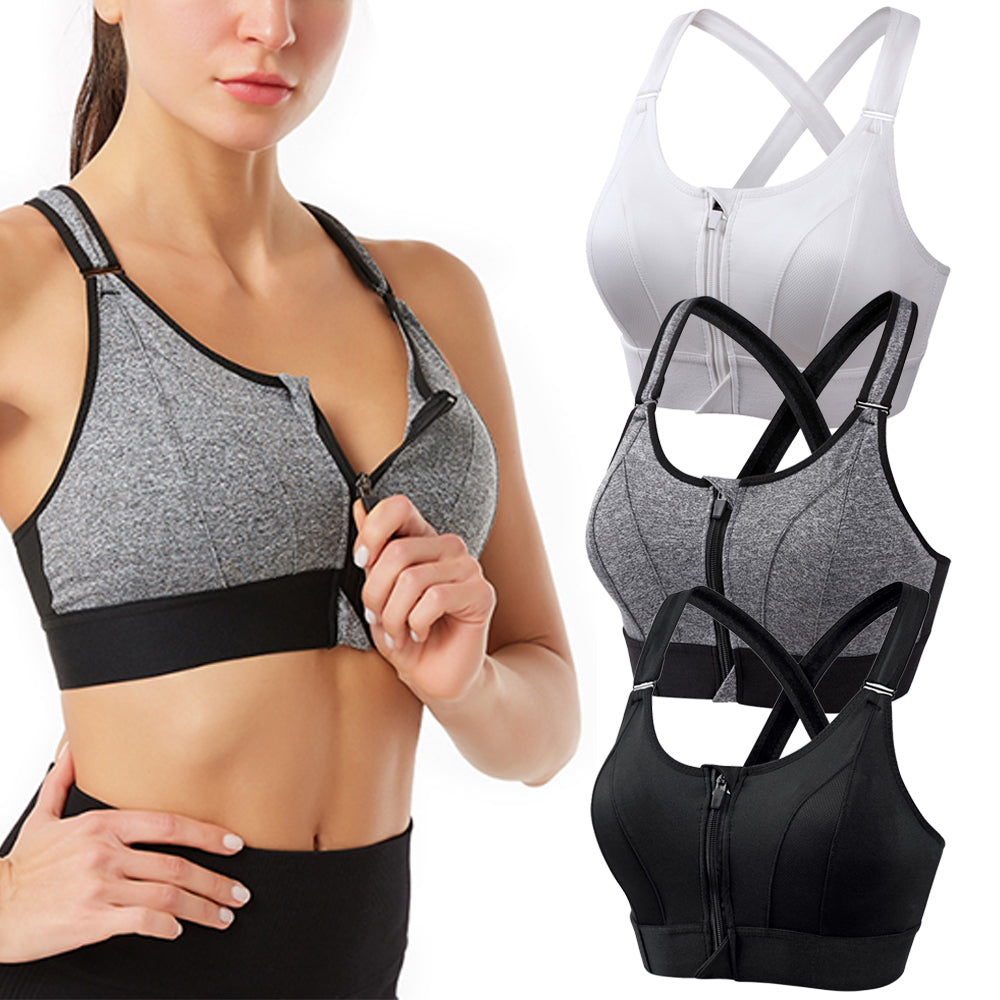 Adjustable Supportive Sports Bra with Front Zipper for Women-White