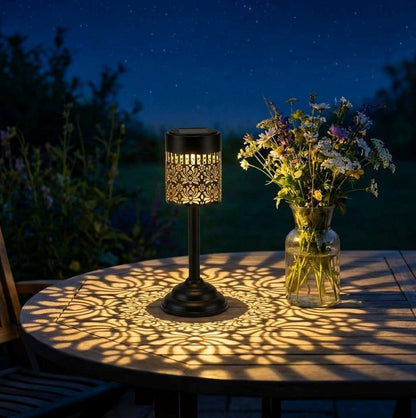 Outdoor Solar Cutout Metal Table Lantern for Patio and Garden - Warm White